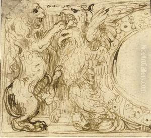 A Lion And An Eagle Oil Painting by Perino Del Vaga (Pietro Bonaccors