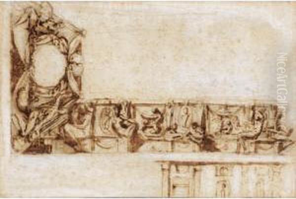 Recto: Etude De Frise Oil Painting by Perino Del Vaga (Pietro Bonaccors