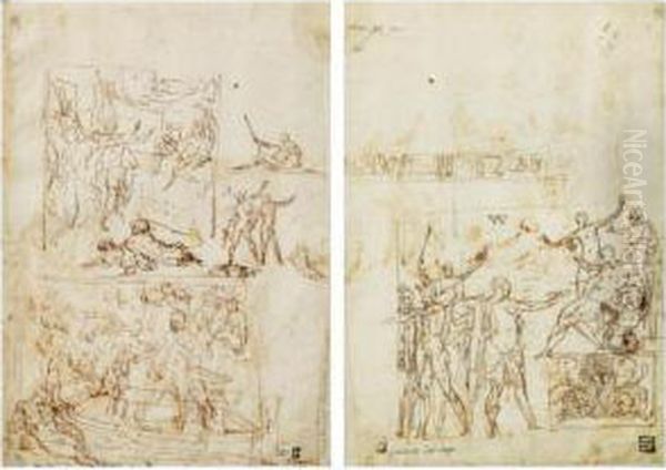 Recto: Etudes Pour Une 
Decoration Murale Avec Deux Compositions Differentes: Trois Soldats En 
Face D'une Figure Assise Et Deux Hommes Dans Un Bateau, Et Plusieurs 
Autres Esquisses;
 Verso: Etude Pour Une Figure Offrant Une Tasse A Un Personnage Ass Oil Painting by Perino Del Vaga (Pietro Bonaccors