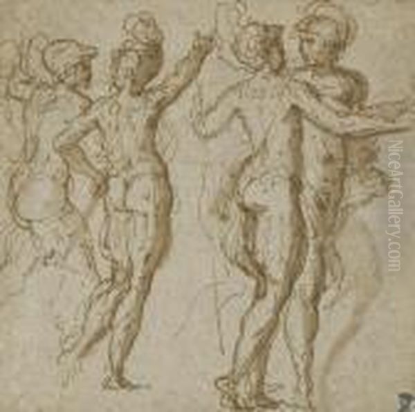 Quatre Hommes Armes Et Casques Oil Painting by Perino Del Vaga (Pietro Bonaccors