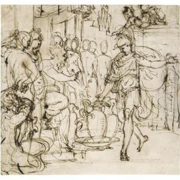 : Camillus And Brennus Oil Painting by Perino Del Vaga (Pietro Bonaccors