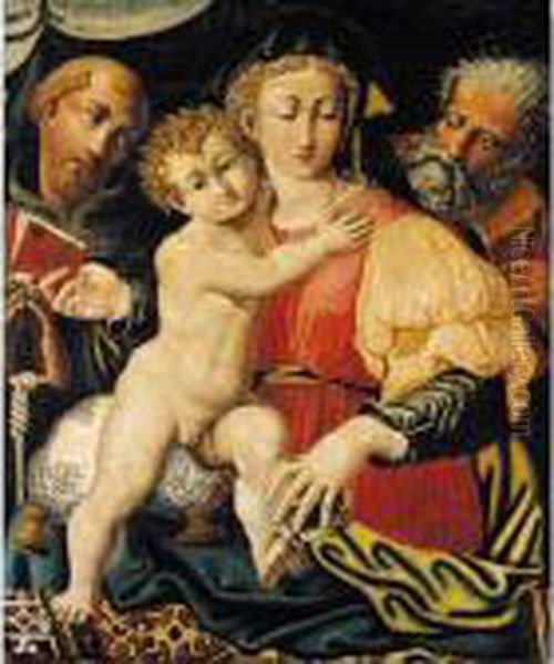 The Holy Family With A Franciscan Friar Oil Painting by Perino Del Vaga (Pietro Bonaccors
