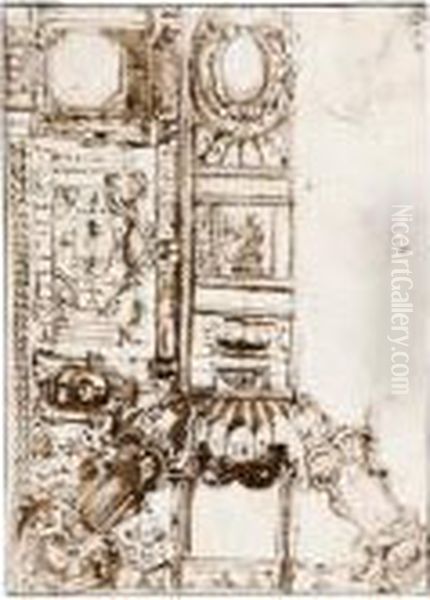 Design For An Elaborate Ceiling Decoration Oil Painting by Perino Del Vaga (Pietro Bonaccors