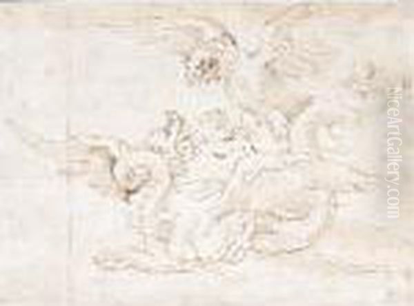 A Dragon Attacked From Above By An Eagle Oil Painting by Perino Del Vaga (Pietro Bonaccors