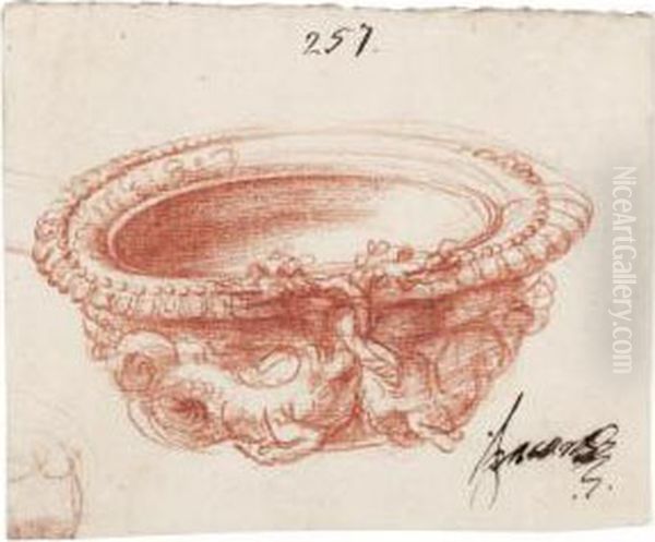 Design For A Bowl, Decorated With Intertwined Dragons Oil Painting by Perino Del Vaga (Pietro Bonaccors