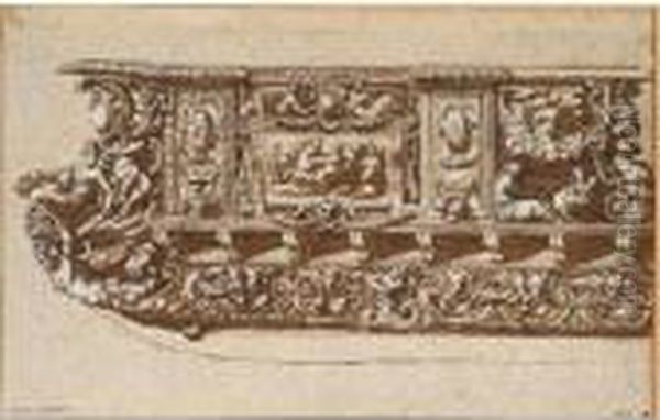 A Decorative Design, Possibly For A Cassone Oil Painting by Perino Del Vaga (Pietro Bonaccors