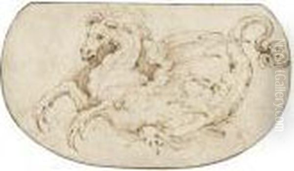 A Hippocamp: Design For An Embroidered Panel Oil Painting by Perino Del Vaga (Pietro Bonaccors