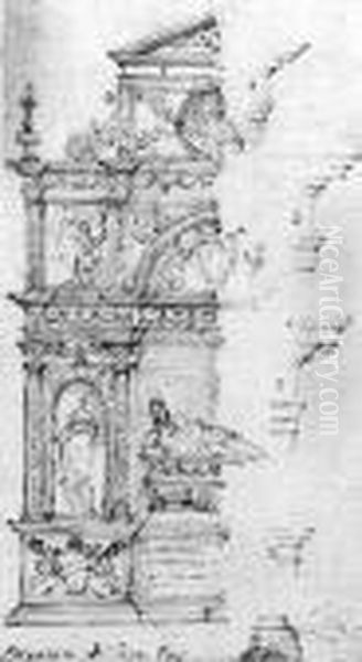 Design For The Tomb Of A Bishop Of The Paci Family Oil Painting by Perino Del Vaga (Pietro Bonaccors