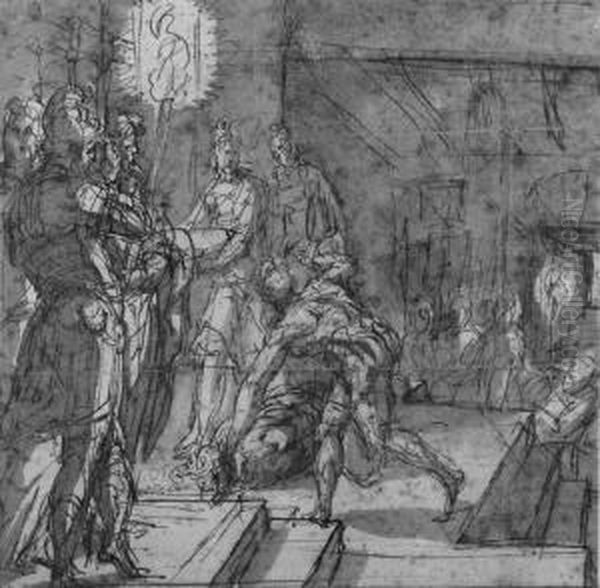 The Beheading Of Saint John The Baptist Oil Painting by Perino Del Vaga (Pietro Bonaccors