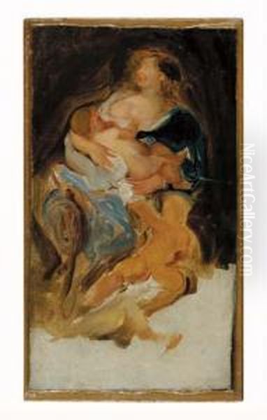 A Mother Nursing A Child With Another Child Standing Besideher Oil Painting by Eugene Delacroix
