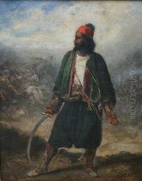 Turkish Swordsman Dressed In Fez
 And Green Jacket, A Curved Sword In His Right Hand, The Battle Raging 
In The Background Behind Him Oil Painting by Eugene Delacroix