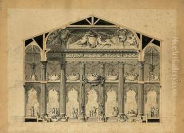 Projet De Fete Dans La Salle De 
Reception Du Palais Du Luxembourg, Esquisses Au Crayon Sur Les Cotes Oil Painting by H. Delafosse