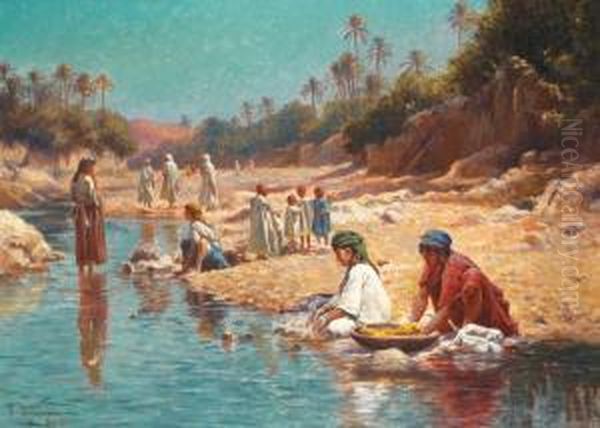 Lavandieres A Bou-sada Oil Painting by Alexis-Auguste Delahogue