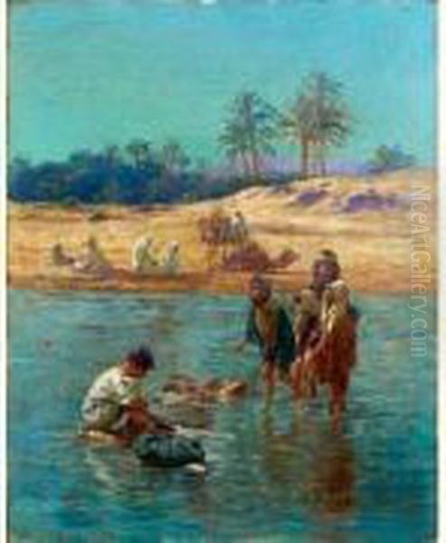 Les Enfants A La Riviere Oil Painting by Alexis-Auguste Delahogue