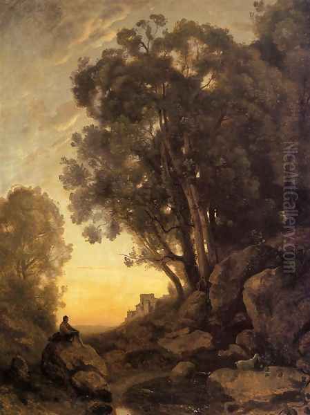 The Italian Goatherd, Evening Oil Painting by Jean-Baptiste-Camille Corot