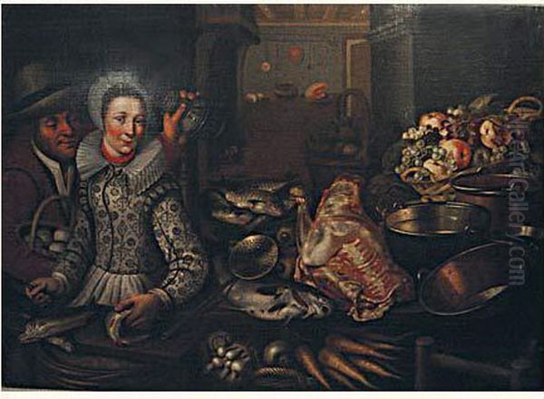 Couple Dans Une Cuisine Avec 
Nature Morte De Fruits, Poissons, Viande, Legumes Et Ustensiles De 
Cuisine Oil Painting by Cornelis Jacobsz Delff
