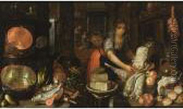 A Kitchen Still Life With Hares,
 Fowl, Bread And Fruit On A Table, Cheeses In A Plate On A Stool, 
Fishes, Cabbages, Other Vegetables And Kitchen Utensils On Another 
Table, A Maid And Holding A Plate With Fowl, And A Couple Sitting Before
 A Firepla Oil Painting by Cornelis Jacobsz Delff