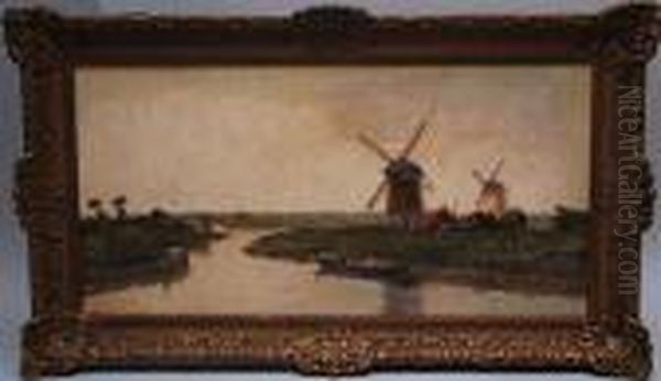 A Windmill On The Bank Of The River Oil Painting by Gerardus Jacobus Delfgaauw