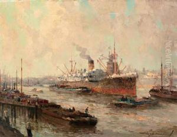 Rijnhaven Oil Painting by Gerardus Jacobus Delfgaauw