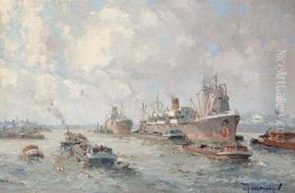 Hustle And Bustle In The Rotterdam Port Oil Painting by Gerardus Jacobus Delfgaauw