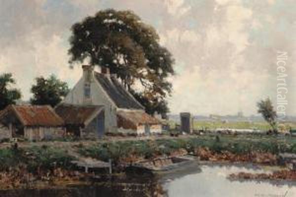 View Of A Farm By The Water Oil Painting by Gerardus Jacobus Delfgaauw