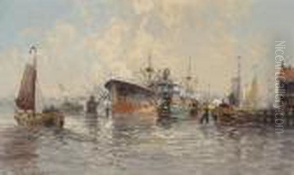 Ships In The Rotterdam Harbour Oil Painting by Gerardus Jacobus Delfgaauw