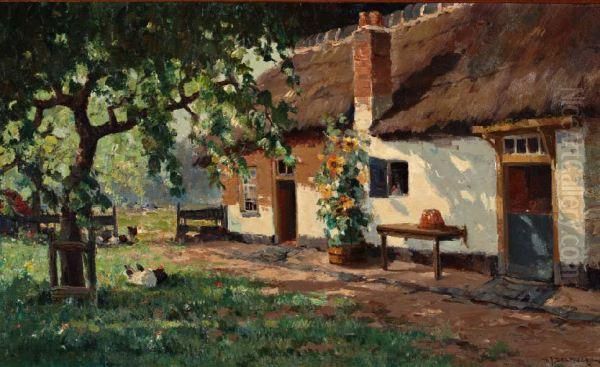 Zomers Boerenerf Met Zonnebloemen Oil Painting by Gerardus Jacobus Delfgaauw