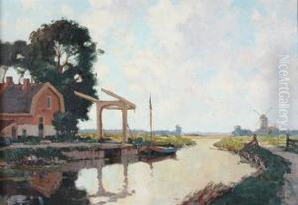Canal, At The Lefta Farmhouse And A Drawbridge, A Windmill At The Horizon Oil Painting by Gerardus Jacobus Delfgaauw
