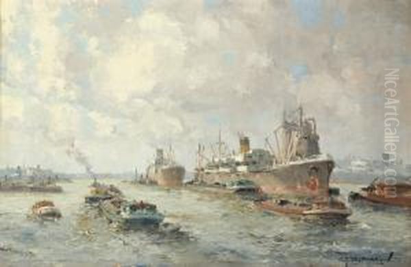 Activity In The Harbour Of Rotterdam Oil Painting by Gerardus Jacobus Delfgaauw