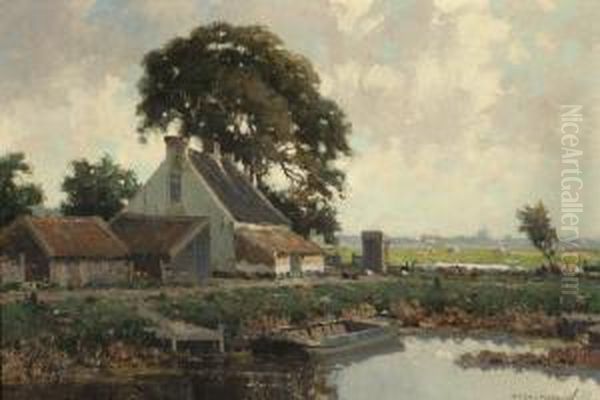 View Of A Farm Near The Water Oil Painting by Gerardus Jacobus Delfgaauw