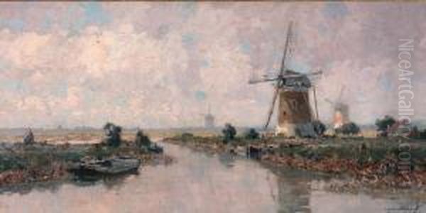 Molens In De Alblasserwaard Oil Painting by Gerardus Jacobus Delfgaauw