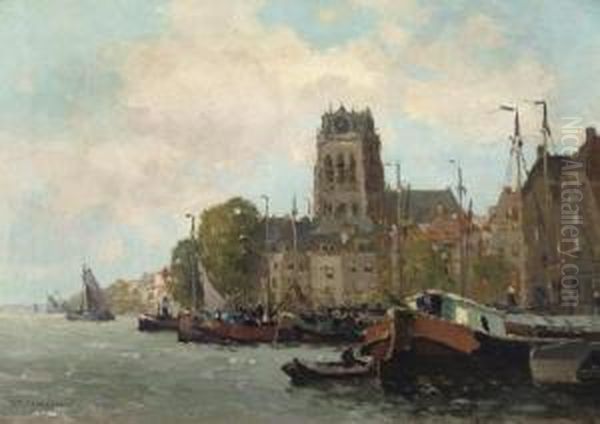 A View Of Dordrecht Harbour With The Grote Kerk Oil Painting by Gerardus Jacobus Delfgaauw
