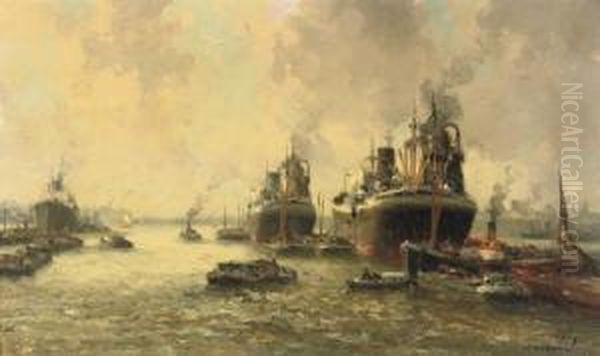 Steamers Arriving At The Port Of Rotterdam Oil Painting by Gerardus Jacobus Delfgaauw