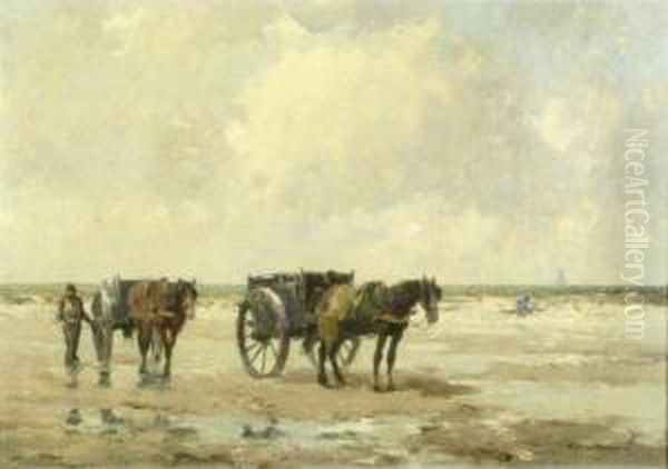 Seaweed Gatherers On The Beach Oil Painting by Gerardus Jacobus Delfgaauw