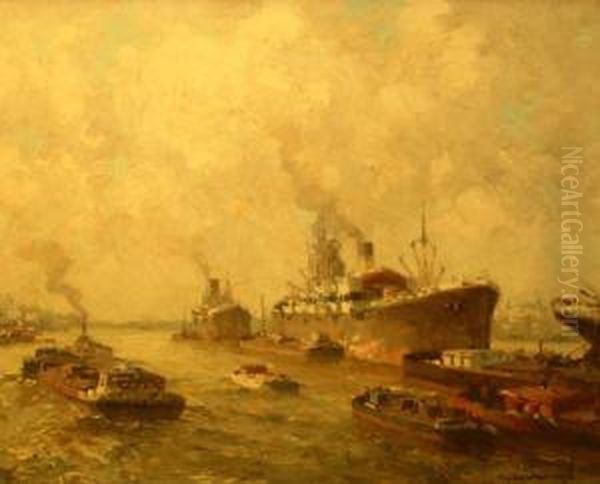 Havengezicht. Gesigneerd Oil Painting by Gerardus Jacobus Delfgaauw