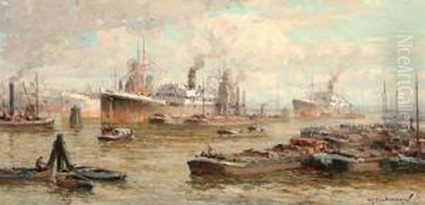 Ships In The Rotterdam Harbour Oil Painting by Gerardus Jacobus Delfgaauw