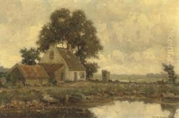 Bij Voorschoten: A White Farmhouse Oil Painting by Gerardus Jacobus Delfgaauw