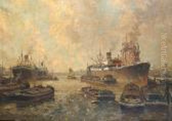 Cargo Ships, Thought To Be At Rotterdam Harbour. Oil Painting by Gerardus Jacobus Delfgaauw