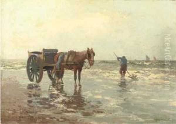 Shellfisher On The Beach Oil Painting by Gerardus Jacobus Delfgaauw