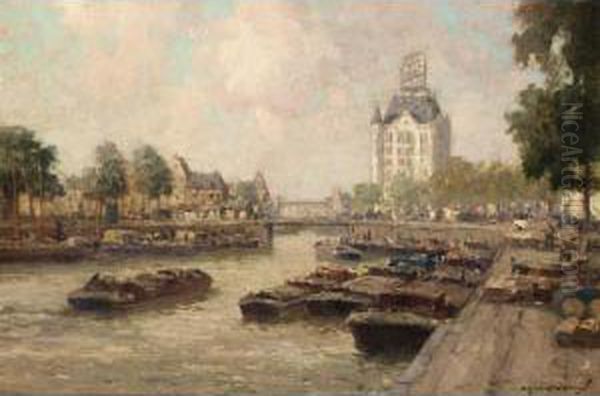 A View Of The Haringvliet, Rotterdam Oil Painting by Gerardus Jacobus Delfgaauw
