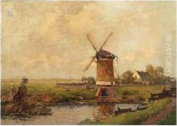 A Polder Landscape With Windmill Oil Painting by Gerardus Jacobus Delfgaauw
