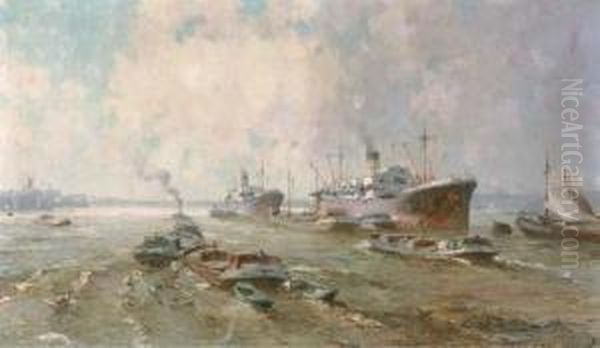 Rotterdam Harbour Oil Painting by Gerardus Jacobus Delfgaauw