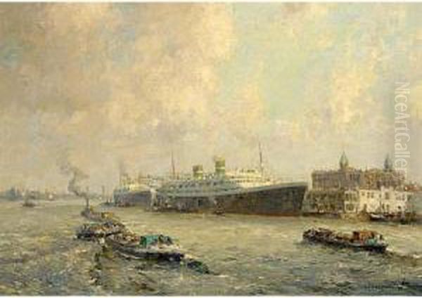 A View Of Rotterdam With The Holland America Line Oil Painting by Gerardus Jacobus Delfgaauw