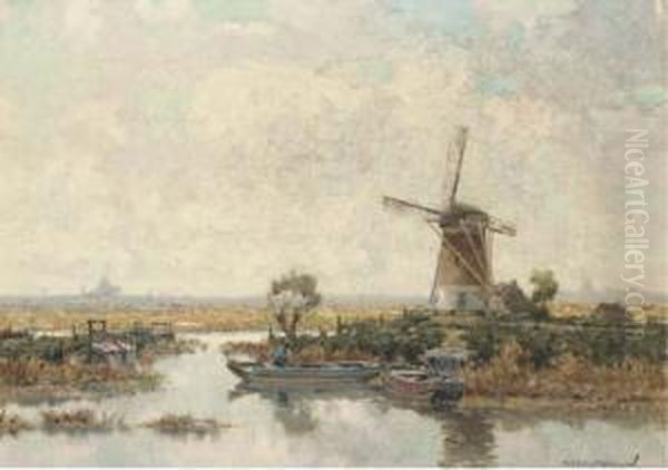 Bij Voorschoten: Windmill In A Polder Landscape Oil Painting by Gerardus Jacobus Delfgaauw