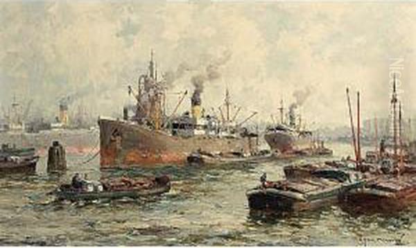 Ships In The Rotterdam Harbour Oil Painting by Gerardus Jacobus Delfgaauw