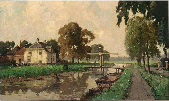A Polder Landscape With A Draw-bridge Oil Painting by Gerardus Jacobus Delfgaauw