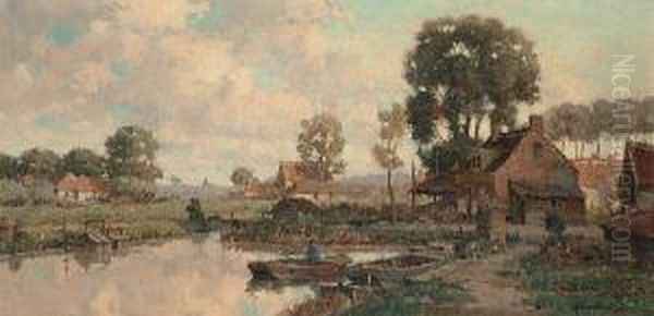 A Dutch Village At Sunset, A Figure On A Boat In The Foreground Oil Painting by Gerardus Jacobus Delfgaauw