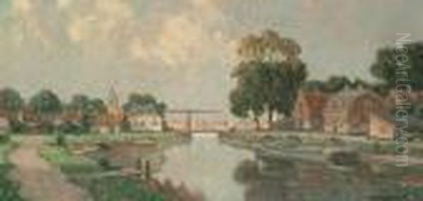 A Dutch Town On A River, A Bridge Beyond Oil Painting by Gerardus Jacobus Delfgaauw