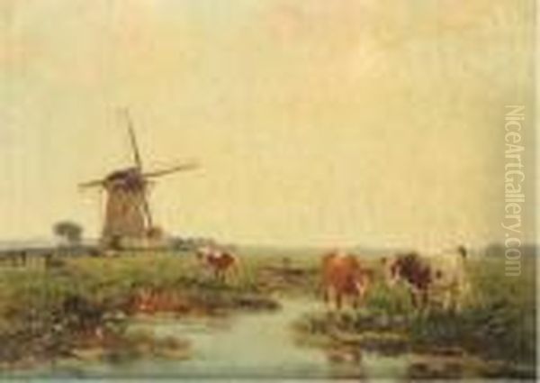 Watering Cows By A Windmill Oil Painting by Gerardus Jacobus Delfgaauw
