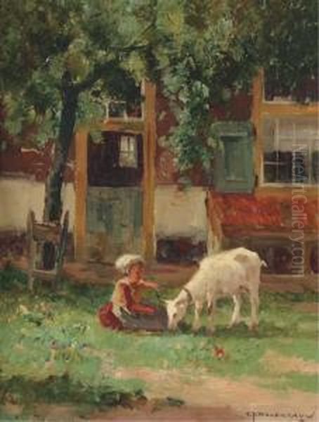 Feeding The Goat Oil Painting by Gerardus Jacobus Delfgaauw